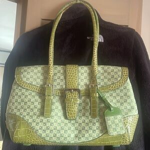 Liz Claiborne Hand Bag Purse LC Logo Heritage Fabric Green w Faux Alligator